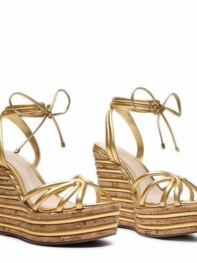 NEW Schutz Gold Wedge Sandals with Ankle Tie